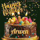 A delightful chocolate birthday cake with bright candles and 'Happy Birthday Arwen' written in gold amidst a shower of animated stars.