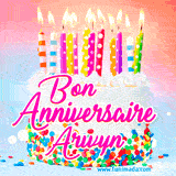 A white birthday cake covered in colorful sprinkles, topped with bright candles, and French text 'Bon Anniversaire Arwyn' on a pastel gradient background in an animated GIF.