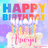 A vibrant animated name GIF with the words 'Happy Birthday Arwyn' with colorful candles on a creamy cake. The background sparkles with pastel shades, adding a festive touch.