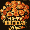 Beautiful bouquet of orange and red roses for Arya, golden inscription and twinkling stars