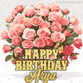 Birthday wishes to Arya with a charming GIF featuring pink roses, butterflies and golden quote