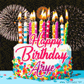 Amazing Animated GIF Image for Arye with Birthday Cake and Fireworks