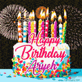 Amazing Animated GIF Image for Aryeh with Birthday Cake and Fireworks