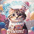 Happy birthday gif for Aseem with cat and cake