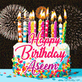 Amazing Animated GIF Image for Aseem with Birthday Cake and Fireworks