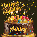 A delightful chocolate birthday cake with bright candles and 'Happy Birthday Ashley' written in gold amidst a shower of animated stars.