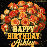 Animated bouquet of orange roses with moving butterfles and golden 'Happy Birthday Ashley' text, surrounded by sparkling accents and a dark backdrop for a luxurious feel.