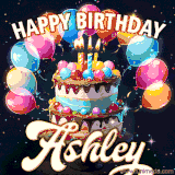 Bright birthday animation for Ashley with a chocolate cake, candles, balloons, and glowing celebratory lights.
