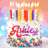 A cheerful white birthday cake with multicolor sprinkles, lit candles, and 'Ashley' written in vibrant letters, in an animated GIF.