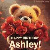 Cinematic style cute animated teddy bear with charming features holding a large bouquet of red roses, the words say 'Happy Birthday Ashley' in sans serif font.