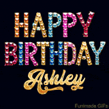 Vibrant luxury birthday greeting card for Ashley, showing glittering gemstone letters and golden calligraphy on a dark background with twinkling shine effects.
