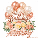 A bouquet of pastel roses and green leaves with Happy Birthday Ashley animation