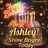 Custom birthday ecard for Ashley showing a gourmet chocolate cake on a dark background with golden star sparkles.