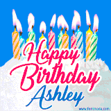 A cheerful animated GIF featuring colorful lit birthday candles on a white cake, with the text 'Happy Birthday Ashley' in bold red and blue script on a bright blue background.
