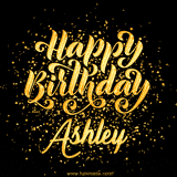Animated GIF with colorful, festive 'Happy Birthday Ashley' text decorated with patterns, a party hat, and falling confetti. A vibrant and cheerful design for birthday celebrations.