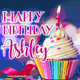 A festive animated GIF featuring a colorful cupcake with a single lit candle, sprinkles, and 'Happy Birthday Ashley' text against a sparkling, celebratory background.
