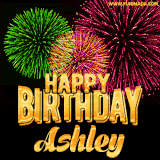 A captivating GIF with bursts of green, pink, and orange fireworks lighting up the night sky, accompanied by 'Happy Birthday Ashley' in glowing golden text.