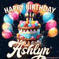 Hand-drawn happy birthday cake adorned with an arch of colorful balloons - name GIF for Ashlyn