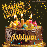 A delightful chocolate birthday cake with bright candles and 'Happy Birthday Ashlynn' written in gold amidst a shower of animated stars.