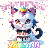 Adorable party-themed animated cat next to a lit birthday cake with text that says 'Happy Birthday Ashlynn,' surrounded by colorful decorations and sparkles.