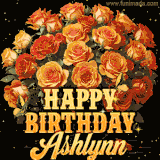 Animated bouquet of orange roses with moving butterfles and golden 'Happy Birthday Ashlynn' text, surrounded by sparkling accents and a dark backdrop for a luxurious feel.