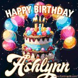 Bright birthday animation for Ashlynn with a chocolate cake, candles, balloons, and glowing celebratory lights.