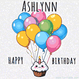 An adorable and cute cupcake with a smiley face and moving colorful balloons create a joyful birthday greeting for Ashlynn in this cheerful animated greeting E-card.