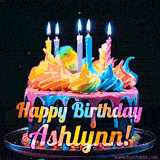 A mesmerizing animated cake with multicolor frosting and candles, and the words 'Happy Birthday Ashlynn' on the black background.