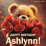 Cinematic style cute animated teddy bear with charming features holding a large bouquet of red roses, the words say 'Happy Birthday Ashlynn' in sans serif font.