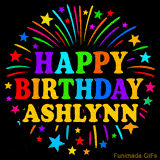 Personalized greeting card with name, colorful text that says 'Happy Birthday Ashlynn' surrounded by animated fireworks and multicolor stars