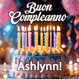 Birthday cake topped with pink and yellow lit candles, surrounded by glowing bokeh lights and party balloons. The greeting 'Buon Compleanno Ashlynn GIF!' is displayed.