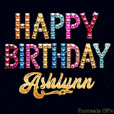 Vibrant luxury birthday greeting card for Ashlynn, showing glittering gemstone letters and golden calligraphy on a dark background with twinkling shine effects.