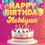 Pink-themed animated greeting with balloons, confetti, and a frosted cake under the message 'Happy Birthday Ashlynn' in bold rounded yellow font.