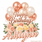 A bouquet of pastel roses and green leaves with Happy Birthday Ashlynn animation