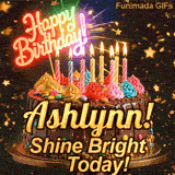 An animated birthday card featuring a detailed chocolate cake under falling gold dust, personalized for Ashlynn.