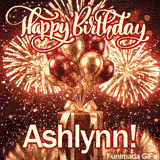 An animated birthday card with a luxury red present and shiny metallic balloons, custom-made for Ashlynn.