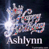 Customized birthday GIF with Ashlynn's name in silver beneath a jeweled crown and glittering light particles.