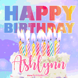 A vibrant animated name GIF with the words 'Happy Birthday Ashlynn' with colorful candles on a creamy cake. The background sparkles with pastel shades, adding a festive touch.