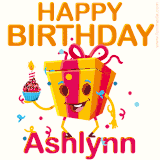 A vibrant and funny gift box character with a happy face dancing with a cupcake and the text 'Happy Birthday Ashlynn,' surrounded by animated confetti and party vibes.
