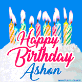 A cheerful animated GIF featuring colorful lit birthday candles on a white cake, with the text 'Happy Birthday Ashon' in bold red and blue script on a bright blue background.