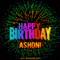 A colorful animated GIF featuring the text 'Happy Birthday Ashon!' in rainbow colors with a dynamic iridescent firework display in the background.