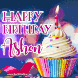A festive animated GIF featuring a colorful cupcake with a single lit candle, sprinkles, and 'Happy Birthday Ashon' text against a sparkling, celebratory background.