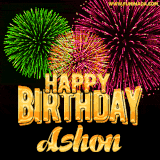A captivating GIF with bursts of green, pink, and orange fireworks lighting up the night sky, accompanied by 'Happy Birthday Ashon' in glowing golden text.