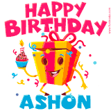 A funny animated birthday GIF with the words 'Happy Birthday Ashona', colorful gift box with arms and legs, holding a cupcake with a lit candle  with confetti everywhere.