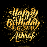 Animated GIF with colorful, festive 'Happy Birthday Ashraf' text decorated with patterns, a party hat, and falling confetti. A vibrant and cheerful design for birthday celebrations.