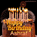 A rich chocolate cake topped with glowing birthday candles and surrounded by bright fireworks. The animated GIF displays the message 'Happy Birthday Ashraf' in golden text.