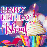 A festive animated GIF featuring a colorful cupcake with a single lit candle, sprinkles, and 'Happy Birthday Ashraf' text against a sparkling, celebratory background.