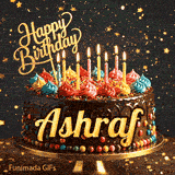 Shimmering animated card featuring a festive chocolate birthday cake with burning candles and the name Ashraf.