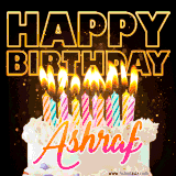 A vibrant animated GIF featuring a delicious birthday cake topped with glowing candles and the name 'Ashraf' in elegant script, and the words 'Happy Birthday' on the black background.