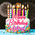 Amazing Animated GIF Image for Ashraf with Birthday Cake and Fireworks